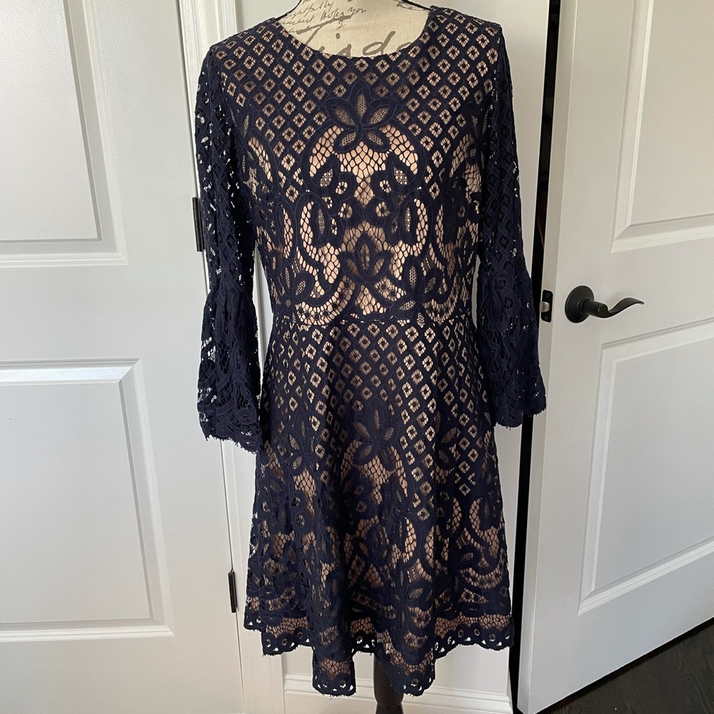 Navy Blue and Tan Lace Dress